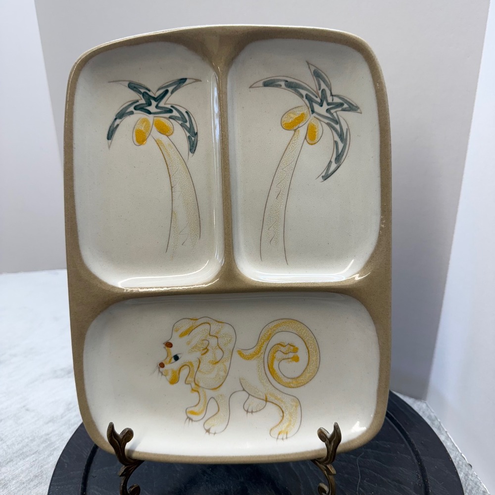 VTG 50's Glidden Pottery 300 Divided Tray‎ Lion Palm Tree MCM Circus Server Dish